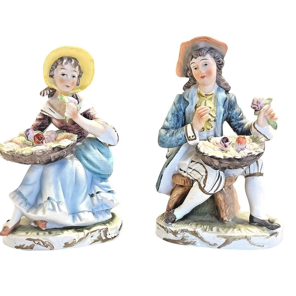 VTG Norleans Ceramic Figurines, Seated Colonial Boy & Girl w/‎ Basket of Flowers